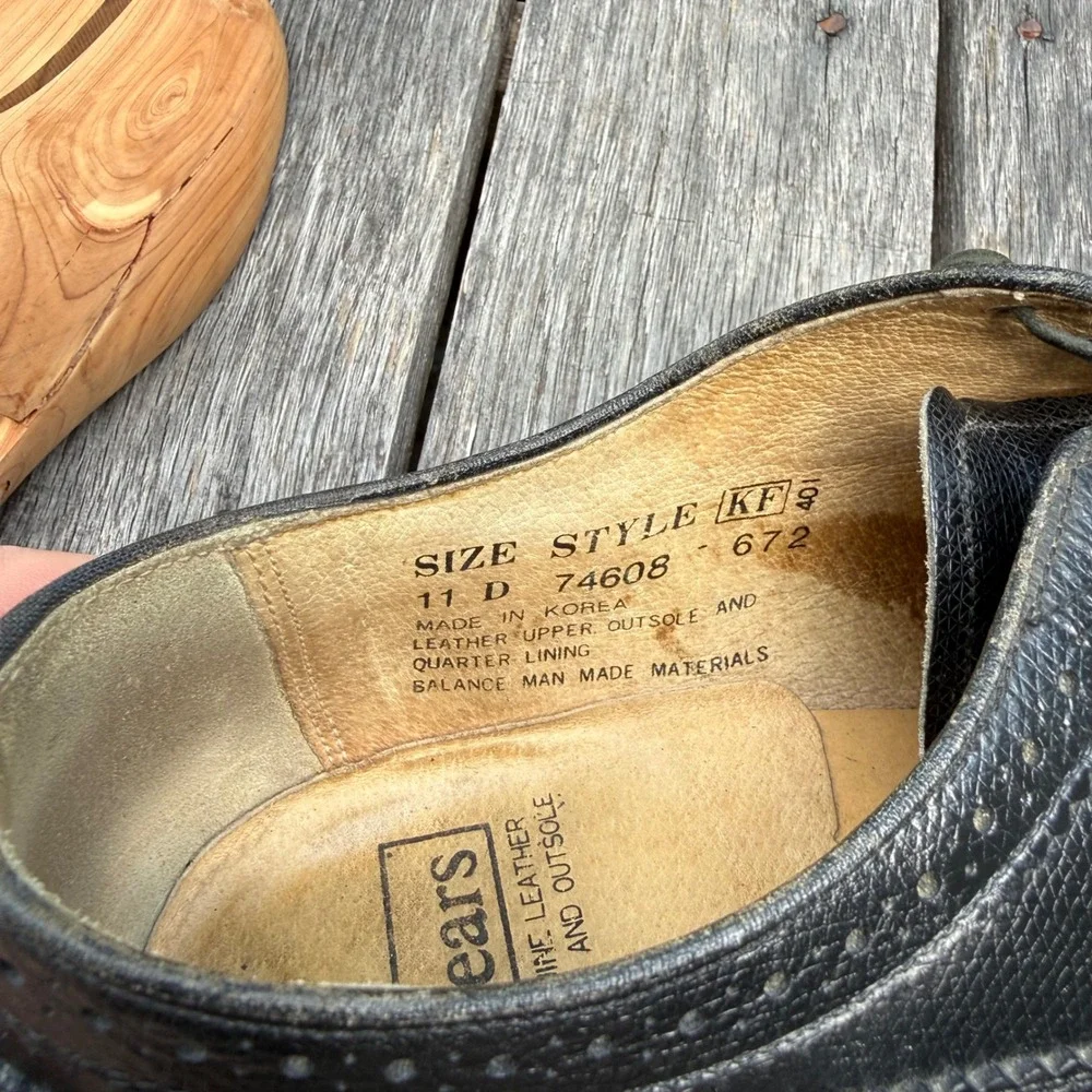 VTG Sears Mens Black Leather Longwing Brogue Derby Shoes 11 D 74608-672 Wingtip